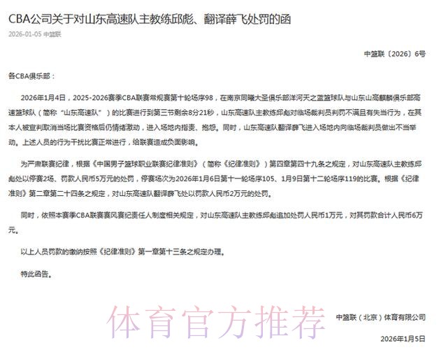 CBA官宣罚单：邱彪停赛2场罚6万 山东翻译不当举动罚2万